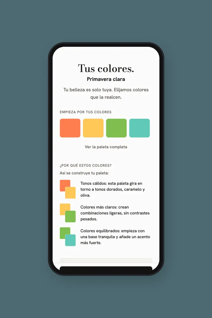 App de colorimetría que muestra una estación de color y su paleta personal