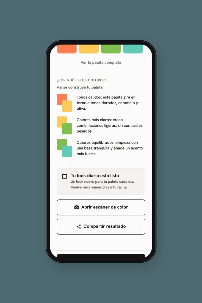 App de colorimetría que muestra una estación de color y su paleta personal